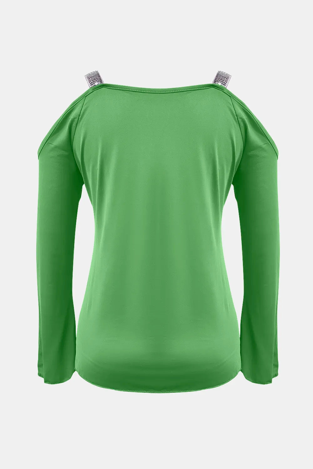 Plush Fashion Hub sequin V-neck cold shoulder top in black with long sleeves and glittery embellishments.