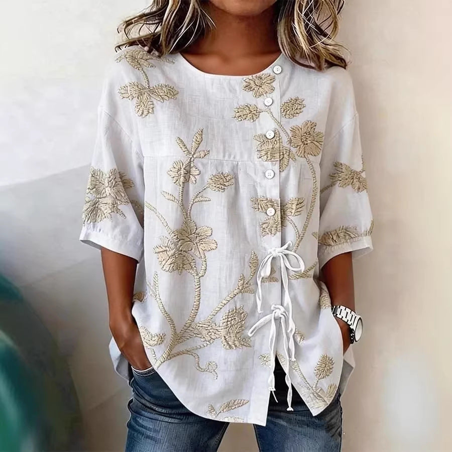Women's floral 3D print pullover top by Plush Fashion Hub, loose fit casualwear with floral design, available in sizes S to 3XL.