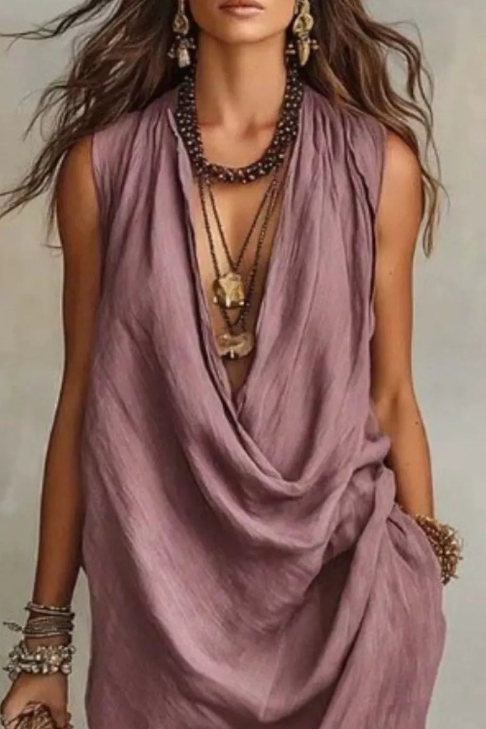 Sleeveless drape neck midi dress from Plush Fashion Hub, featuring a flowy silhouette and elegant design for stylish occasions.