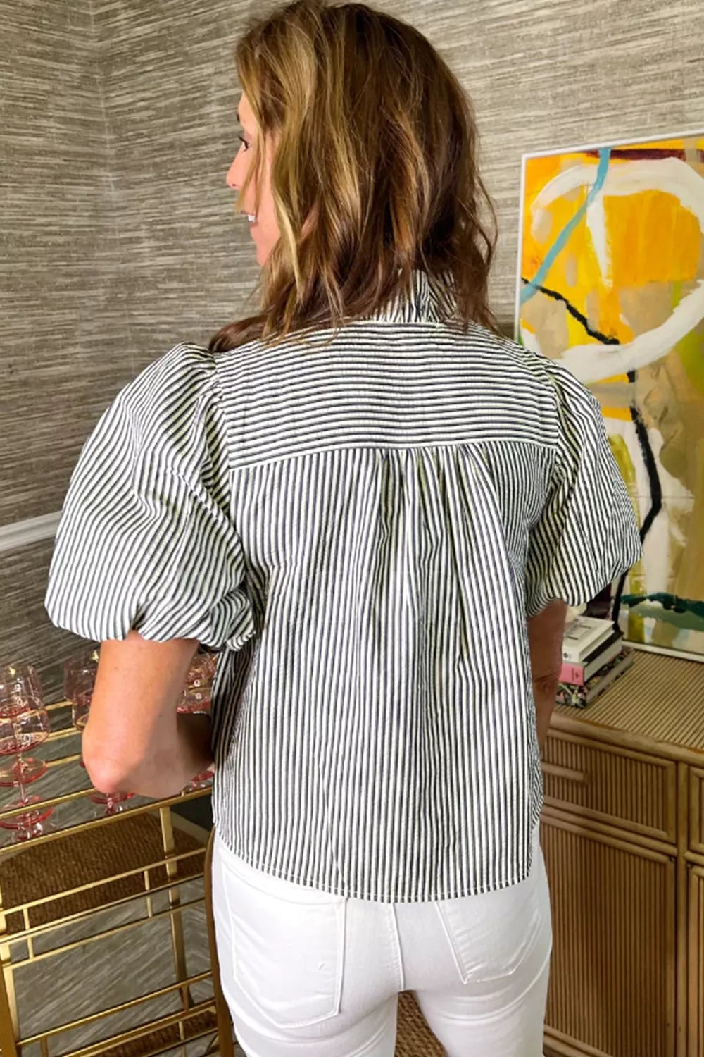 Striped ruffle short bubble sleeve shirt by Plush Fashion Hub featuring a stylish design with ruffled details and a relaxed fit.