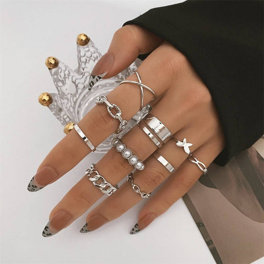 Women's Butterfly Pearl Ring 10-piece Metal Dripping Pearl Ring