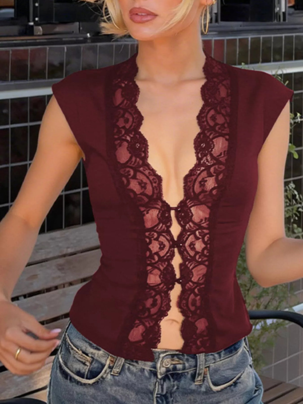 Lace trim button-front vest by Plush Fashion Hub featuring a sleeveless design and delicate lace details.