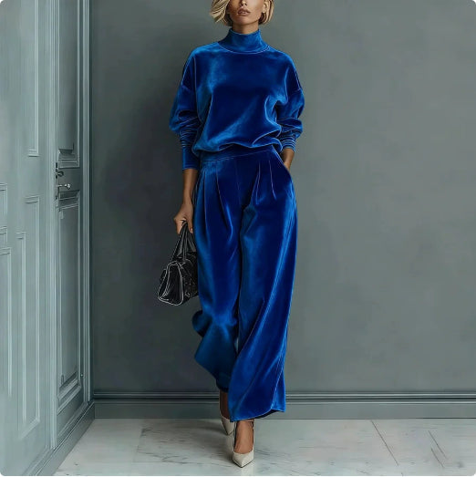 LadyShow.Store casual warm velour long-sleeved high-neck zipper sportswear with wide-leg pants, solid color, comfortable activewear.