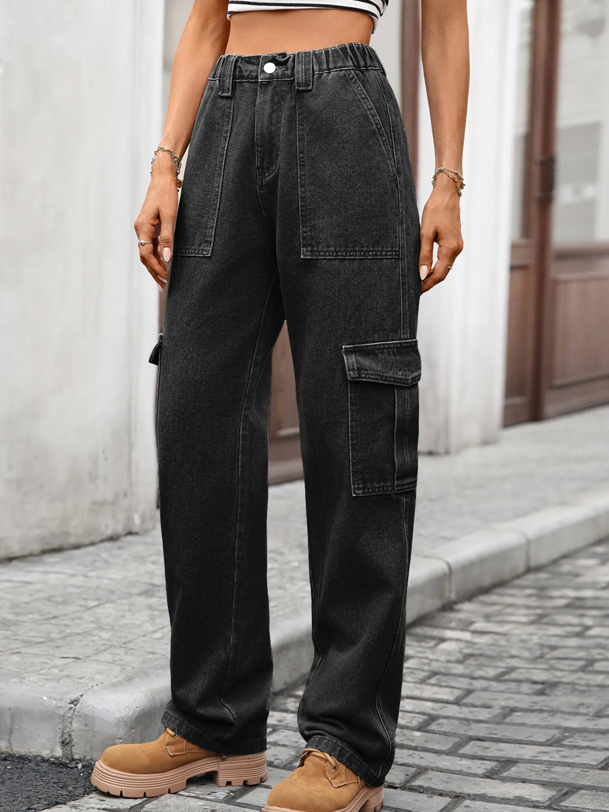 High-waisted cargo denim jeans by Plush Fashion Hub featuring multiple front pockets and a relaxed fit.