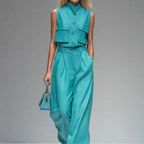 Women's sleeveless vest and wide-leg pants casualwear set by FitiqueFit, featuring a stylish sleeveless top and flowing wide-leg pants.