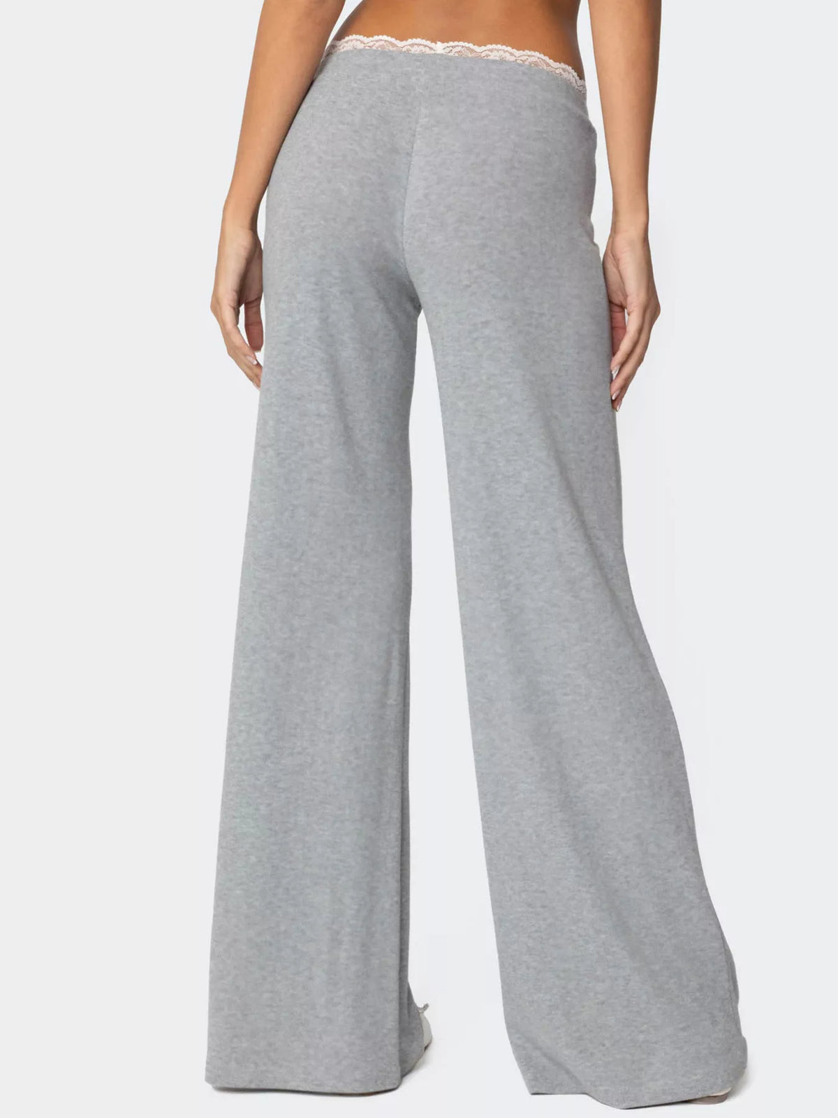 Women's wide leg lounge pants with lace trim and tie waist, stylish and comfortable from Plush Fashion Hub.
