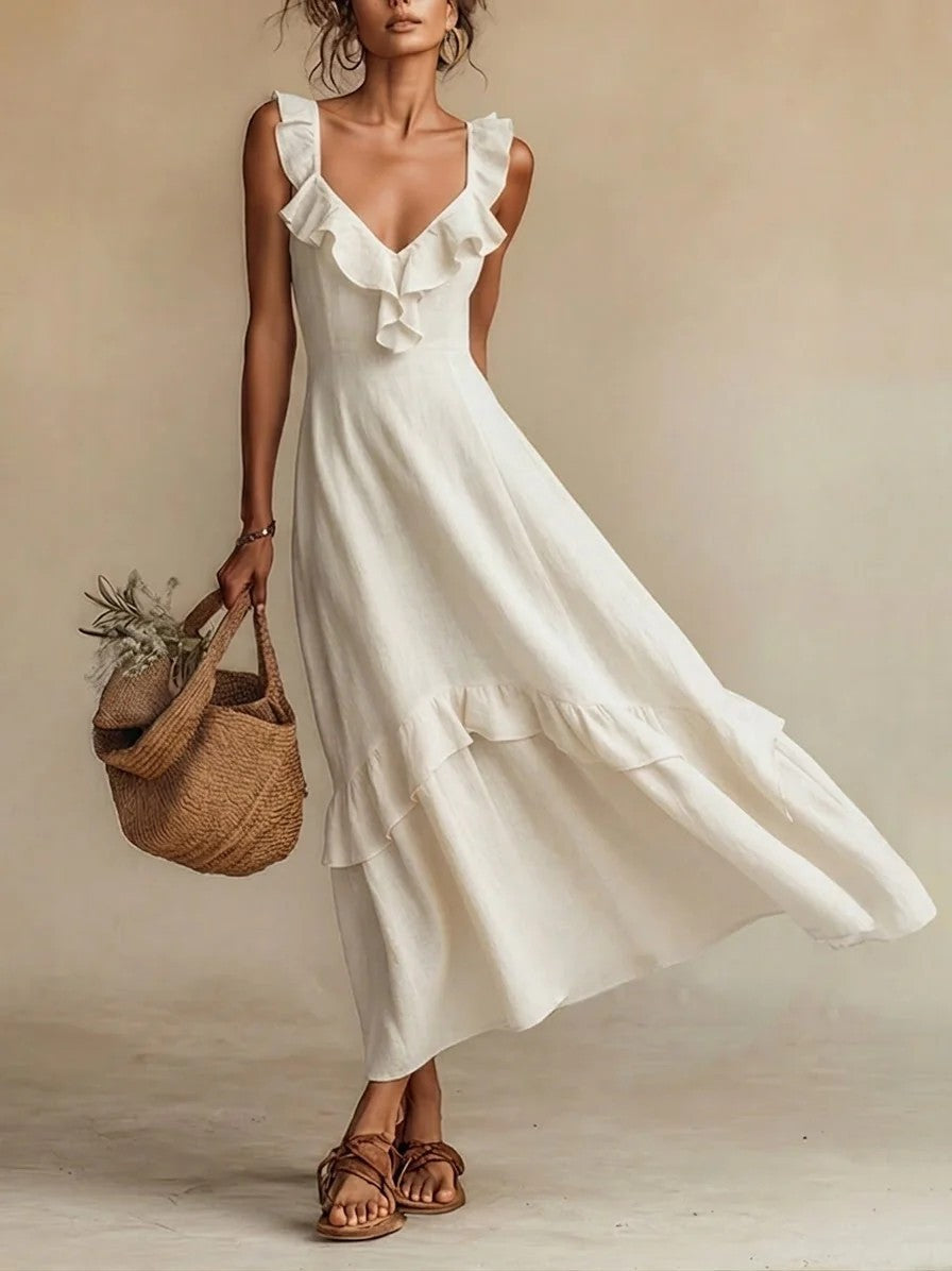 FitiqueFit sleeveless ruffle high-waist maxi dress in various colors, casualwear, with a flowy silhouette and ruffle details.