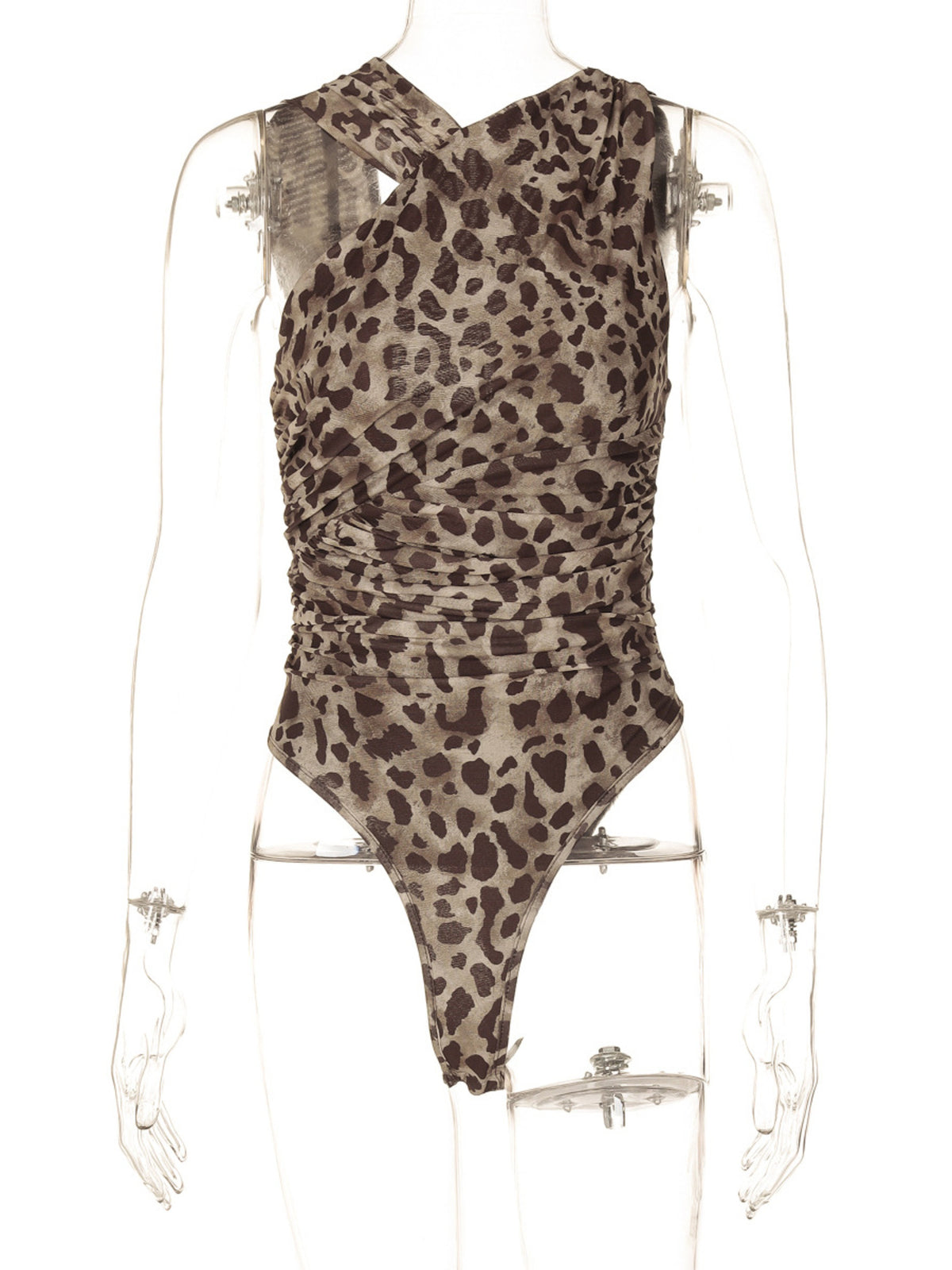 Leopard print asymmetrical ruched bodysuit from Plush Fashion Hub, featuring a fitted design and stylish animal print pattern.