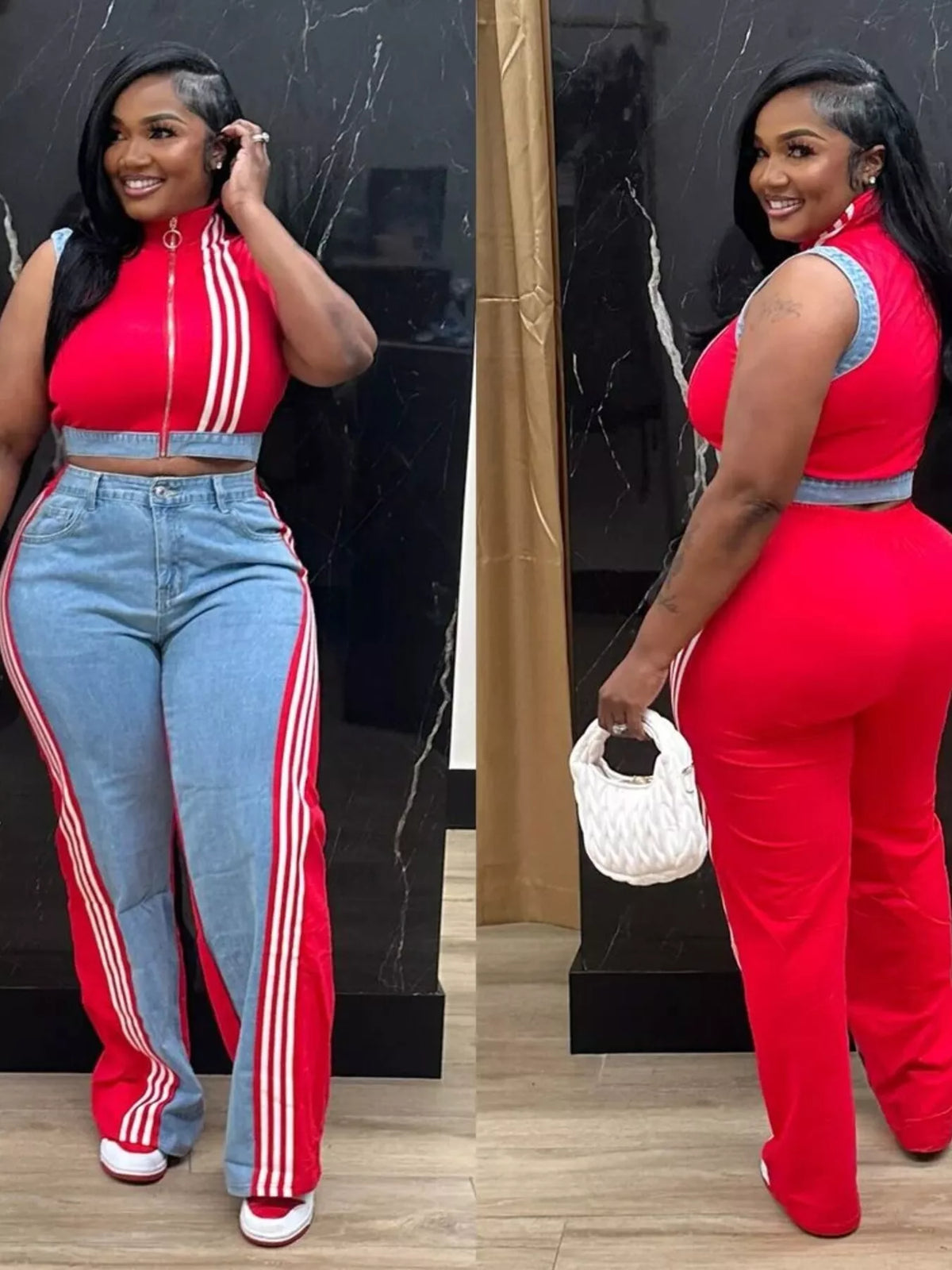 Zip front crop top and striped pants set by Plush Fashion Hub, featuring a stylish two-piece outfit with a crop top and matching striped pants.