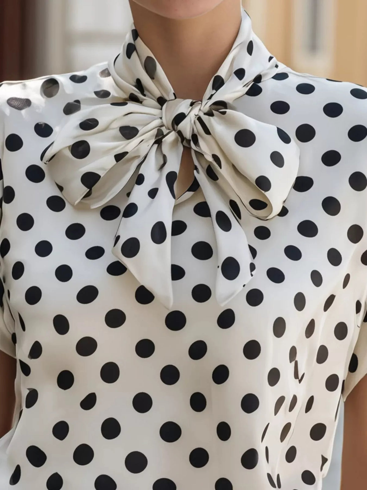 Polka dot bow tie blouse for women by Trendsi, featuring long sleeves and a stylish bow detail at the collar.