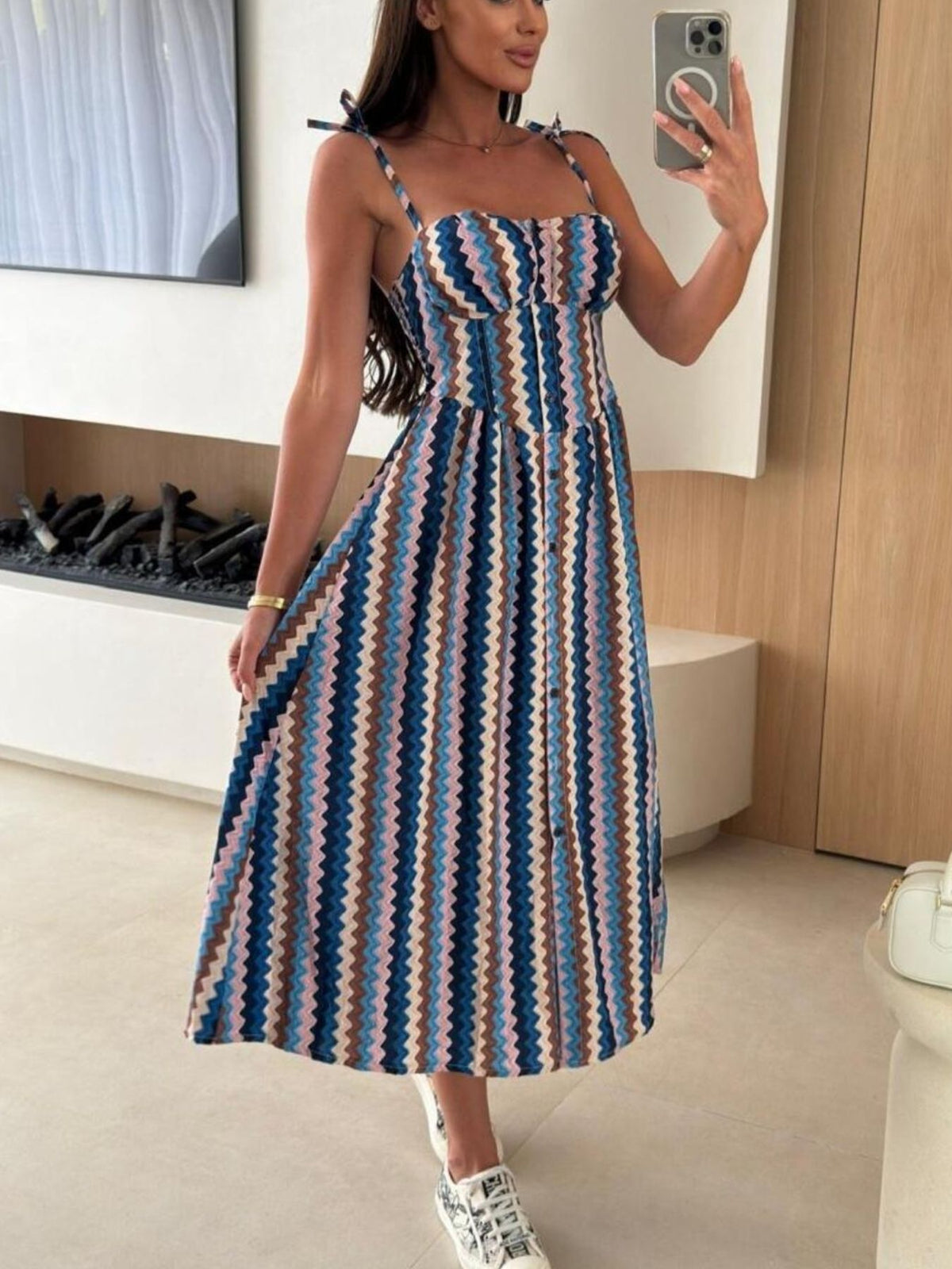 Women’s striped tie-shoulder midi dress by Plush Fashion Hub, casual summer dress perfect for brunch with a relaxed fit and stylish design.