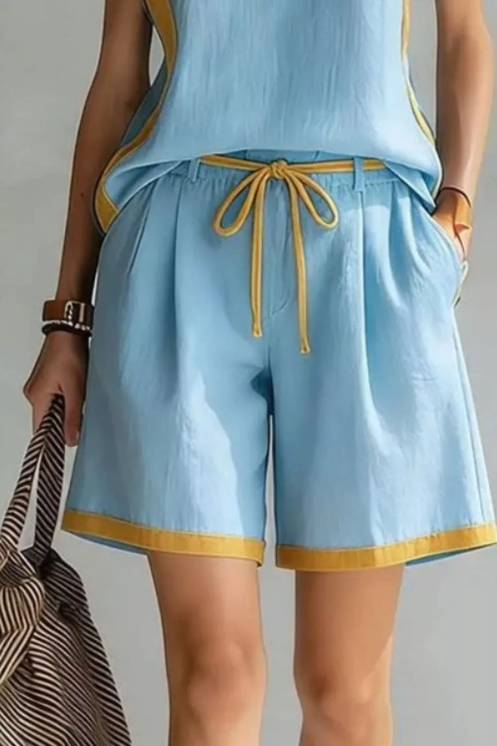 Contrast trim sleeveless tank and shorts loungewear set by Plush Fashion Hub, featuring a comfortable, casual clothing ensemble.