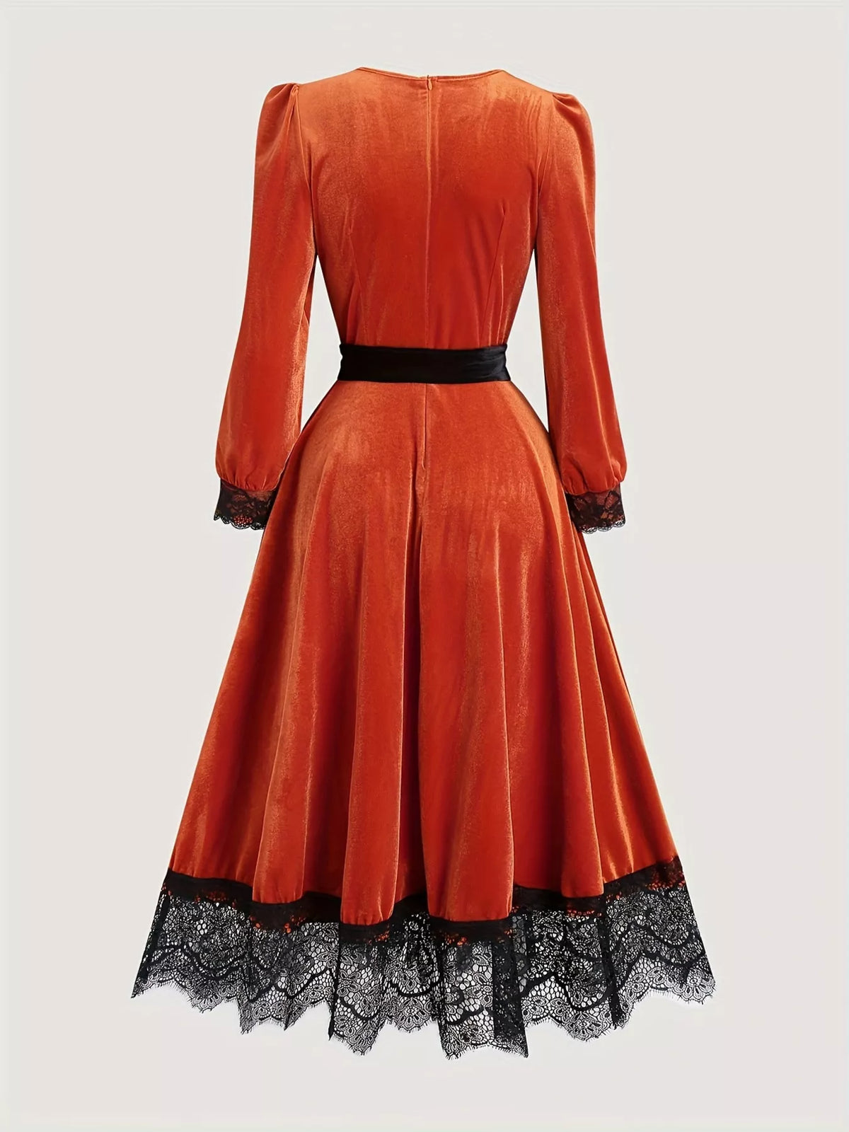 Velvet V-neck lace trim midi dress with waist tie from Trendsi, featuring a flowing silhouette and elegant design.