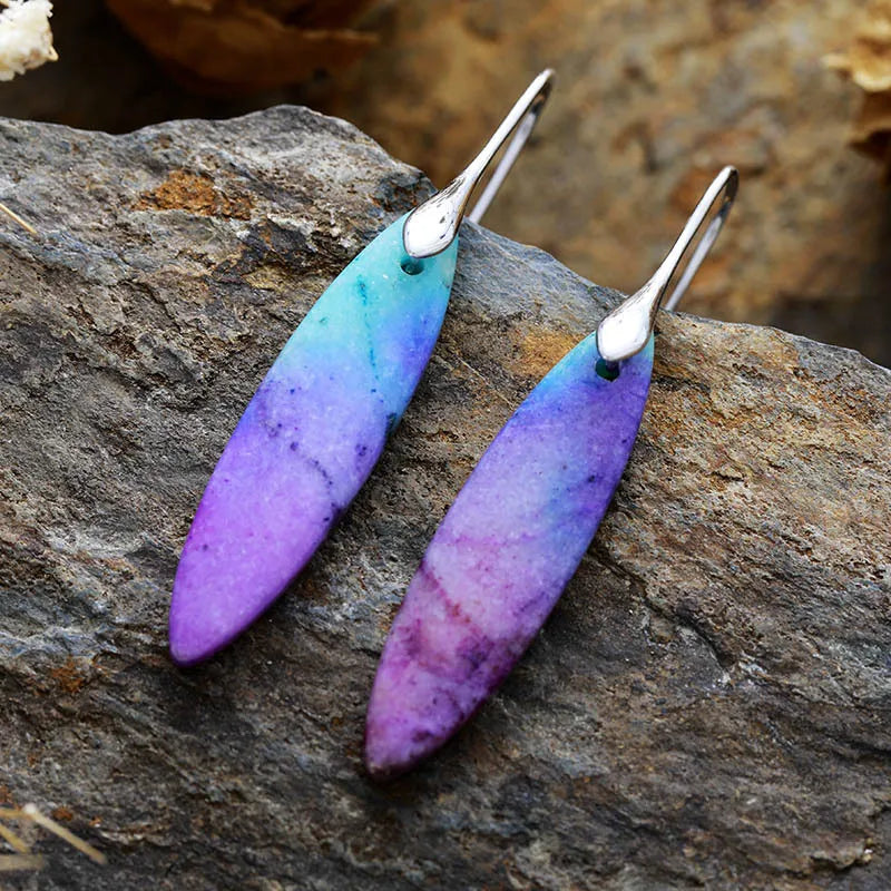 Natural stone geometric copper earrings with modern design, featuring earthy tones and sleek metal accents.