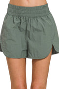 Zenana active wear windbreaker running shorts with smocked waistband, lightweight and comfortable for athletic activities.