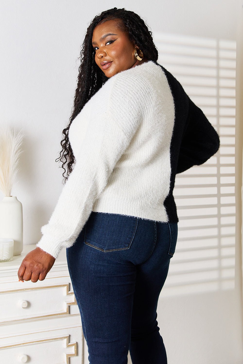 Women’s knit cardigan with contrast buttons and V-neck, featuring angel wing woven design, by Plush Fashion Hub