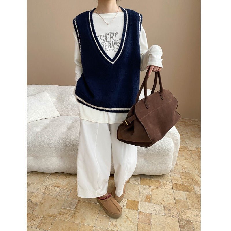 Artistic Retro Color Contrasting Stripe Large V neck Loose Knit Waistcoat Vest - Plush Fashion Hub