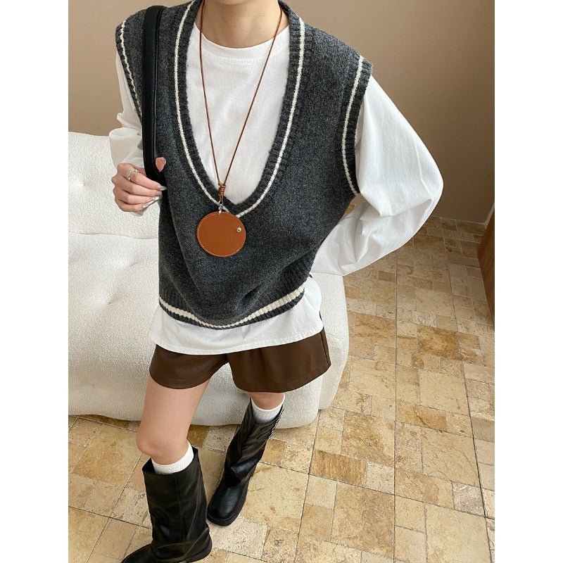 Artistic Retro Color Contrasting Stripe Large V neck Loose Knit Waistcoat Vest - Plush Fashion Hub