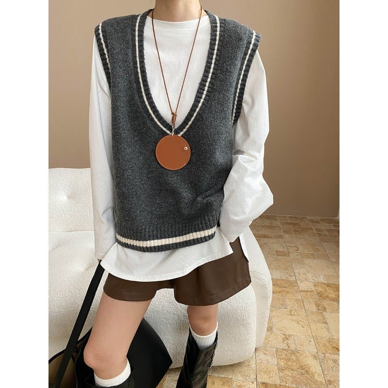 Artistic Retro Color Contrasting Stripe Large V neck Loose Knit Waistcoat Vest - Plush Fashion Hub