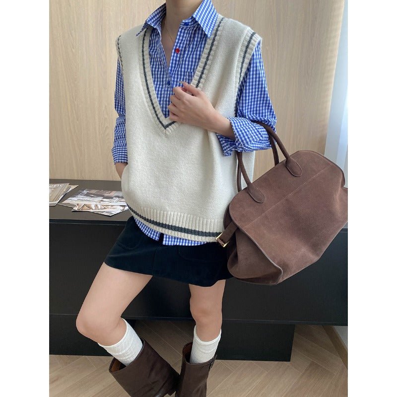 Artistic Retro Color Contrasting Stripe Large V neck Loose Knit Waistcoat Vest - Plush Fashion Hub