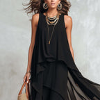 Black asymmetrical ruffle mesh chiffon sleeveless maxi dress by FitiqueFit in XS to XXL, casualwear style with flowing design.