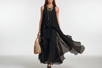 Black asymmetrical ruffle mesh chiffon sleeveless maxi dress by FitiqueFit, available in XS to XXL, casualwear style.