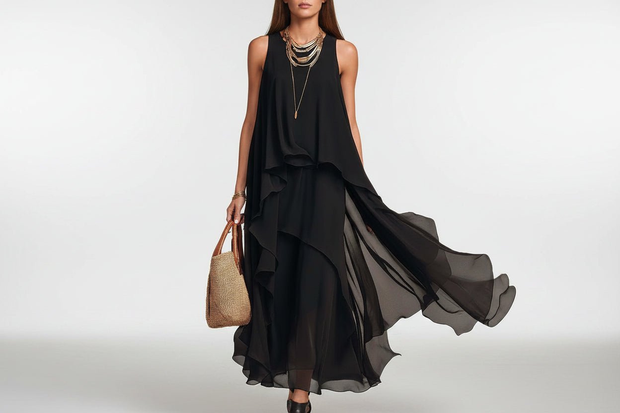 Black asymmetrical ruffle mesh chiffon sleeveless maxi dress by FitiqueFit, available in XS to XXL, casualwear style.