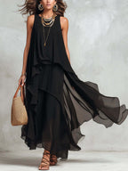 Black asymmetrical ruffle mesh chiffon sleeveless maxi dress by FitiqueFit, available in XS to XXL, perfect casualwear.