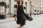 Black asymmetrical ruffle mesh chiffon sleeveless maxi dress by FitiqueFit, available in XS to XXL for casual wear.