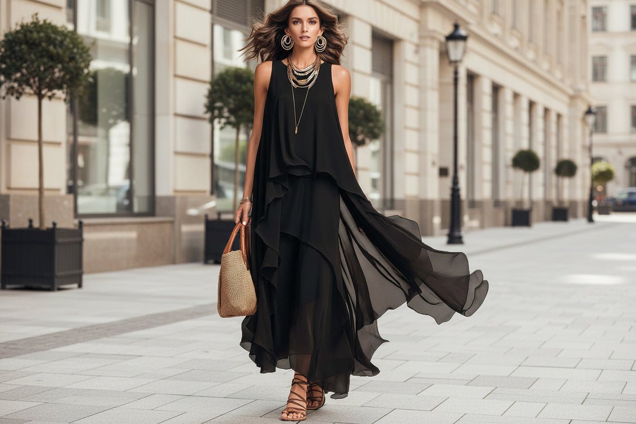 Black asymmetrical ruffle mesh chiffon sleeveless maxi dress by FitiqueFit, available in XS to XXL for casual wear.