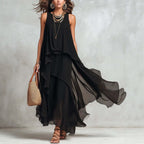 Black asymmetrical ruffle mesh chiffon sleeveless maxi dress by FitiqueFit, available in XS to XXL, perfect for casual wear.