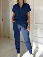 FitiqueFit athleisure knit 3/4 sleeve t-shirt and pants set in three colors, available in sizes S to 3XL.