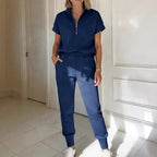 FitiqueFit athleisure knit 3/4 sleeve t-shirt and pants set in three colors, available in sizes S to 3XL, casualwear ensemble.