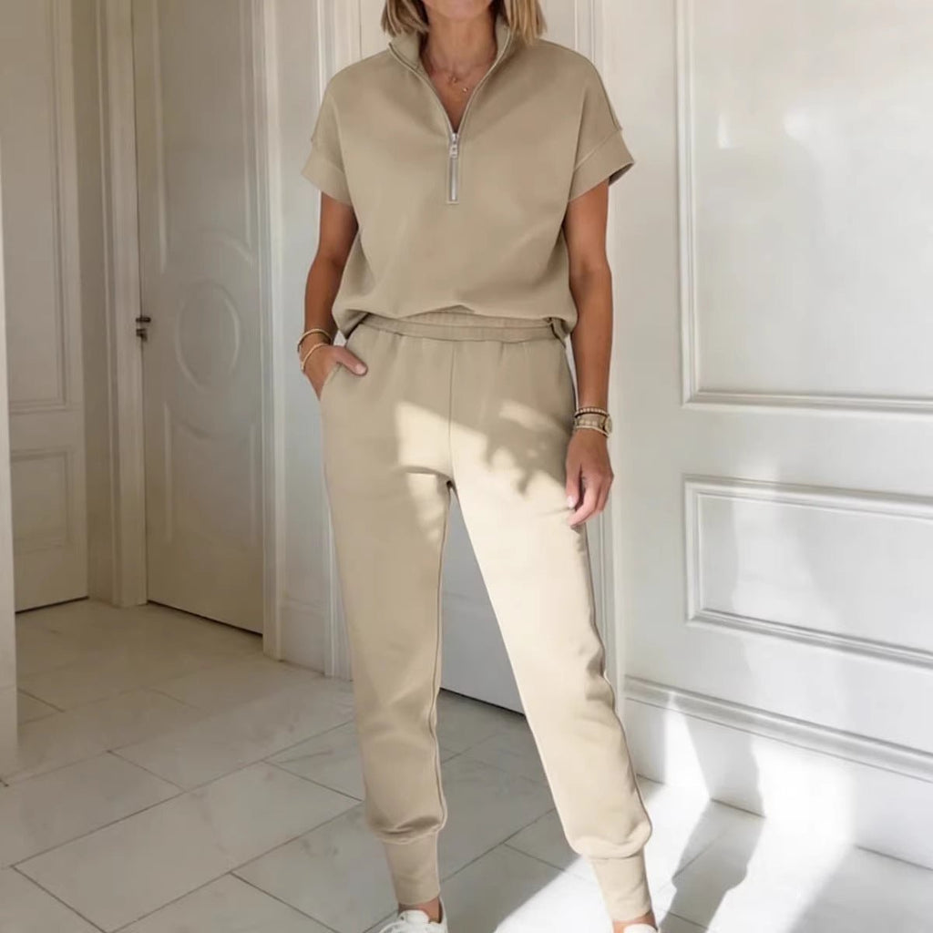 FitiqueFit athleisure knit 3/4 sleeve T-shirt and pants set in three colors, available in sizes S to 3XL, casualwear outfit.