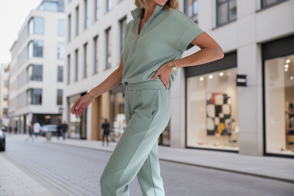 FitiqueFit athleisure knit 3/4 sleeve T-shirt and pants set in three colors, available in sizes S to 3XL, casualwear ensemble.
