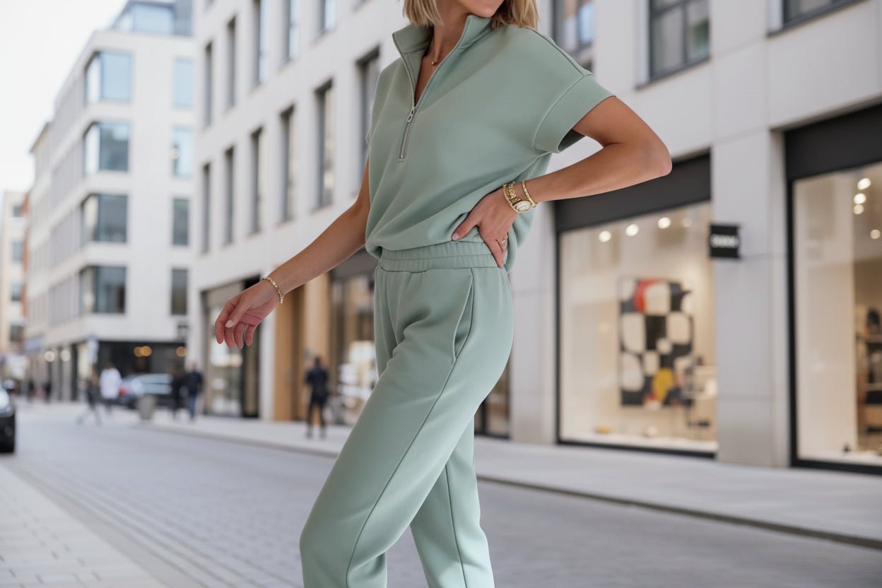 FitiqueFit athleisure knit 3/4 sleeve T-shirt and pants set in three colors, available in sizes S to 3XL, casualwear ensemble.