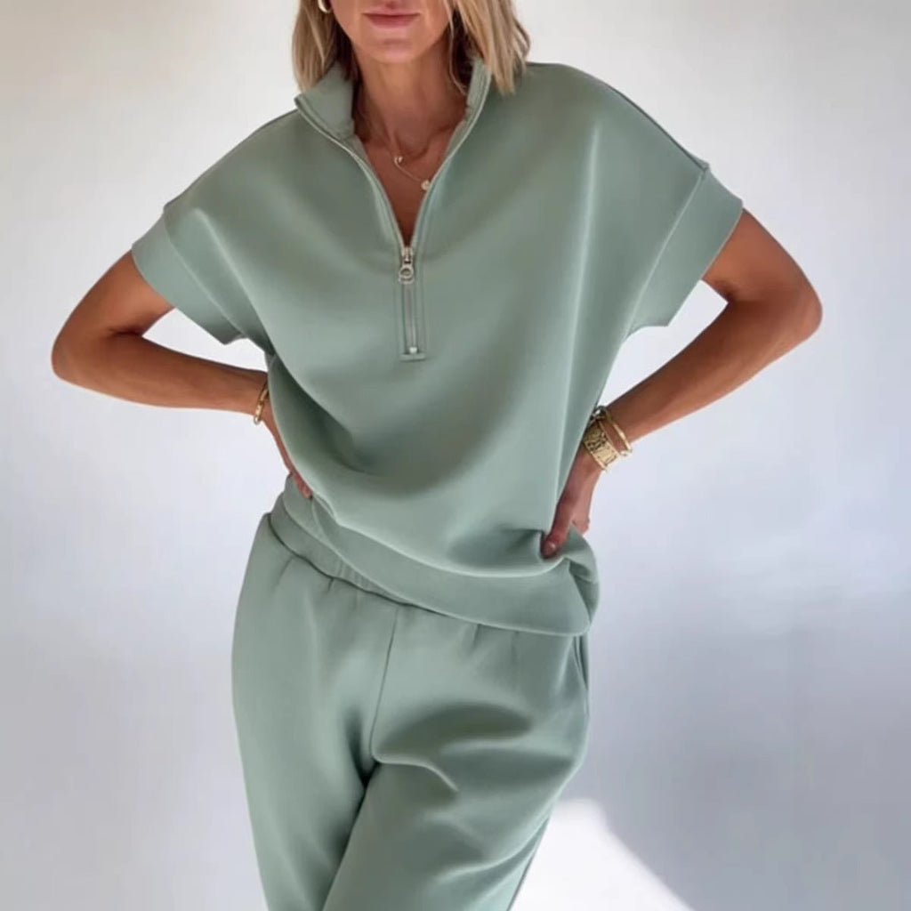 FitiqueFit athleisure knit 3/4 sleeve T-shirt and pants set in three colors, available in sizes S to 3XL, casualwear style.