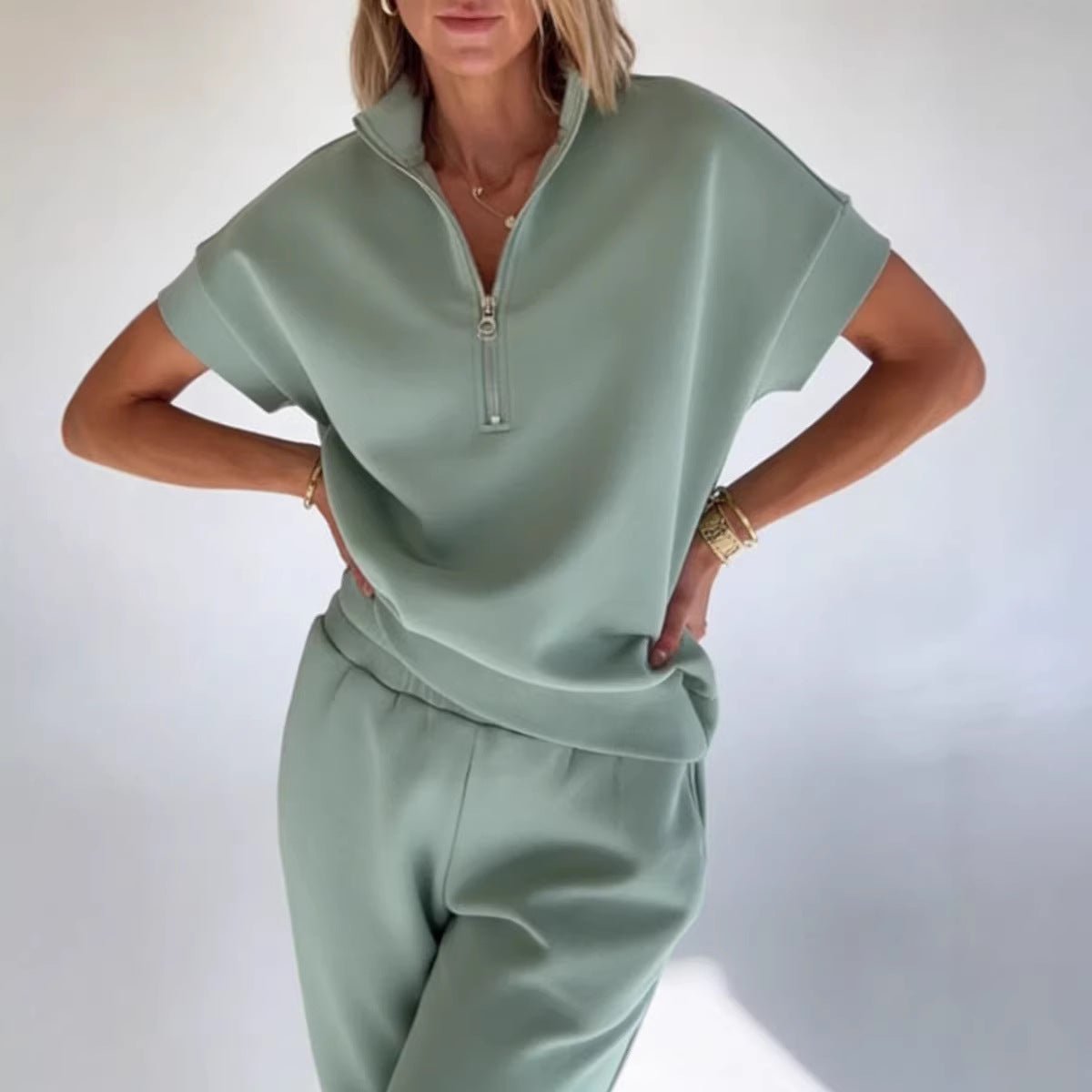 FitiqueFit athleisure knit 3/4 sleeve T-shirt and pants set in three colors, available in sizes S to 3XL, casualwear style.