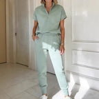 FitiqueFit athleisure knit 3/4 sleeve t-shirt and pants set in three colors, available in sizes S to 3XL, casualwear ensemble.