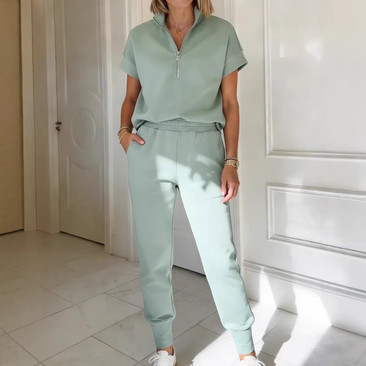 FitiqueFit athleisure knit 3/4 sleeve t-shirt and pants set in three colors, available in sizes S to 3XL, casualwear ensemble.