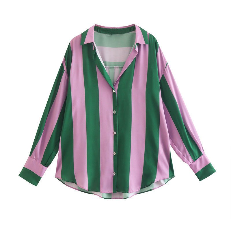 Autumn Elegant Collared Long Sleeve Striped Single Breasted Shirt for Women - Plush Fashion Hub