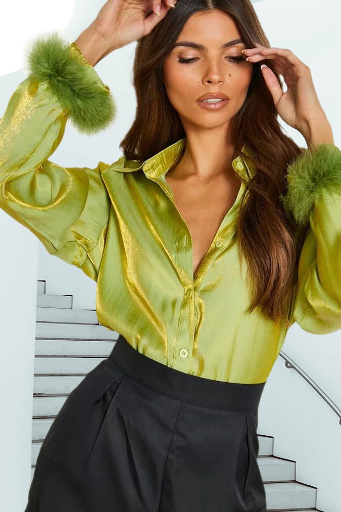 Autumn fluorescent fluffy sleeve collared shirt for women, featuring sexy feather sleeves and stylish design by Plush Fashion Hub