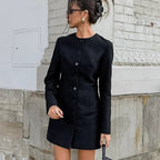 Elegant Bella Mia women's A-line dress with round neck, long sleeves, slim fit waist, and long blazer for autumn style.