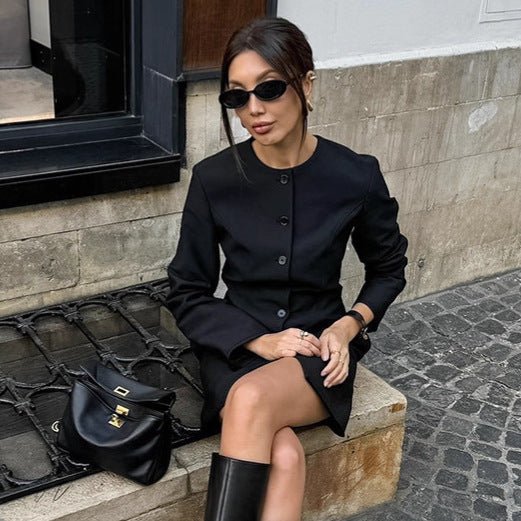 Autumn Niche Design round Neck Long Sleeve Waist Tight Slim Fit A line Dress Elegant Long Blazer for Women - Plush Fashion Hub