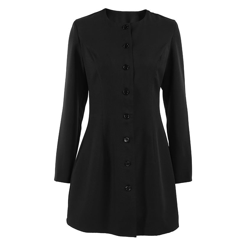 Elegant Bella Mia autumn niche design long sleeve A-line dress with round neck, slim fit, and long blazer for women.