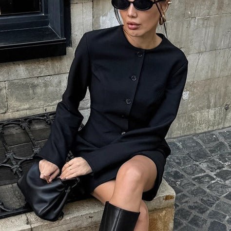 Elegant long blazer dress for women by Bella Mia featuring a round neckline, long sleeves, slim fit, and waist-tight A-line design.