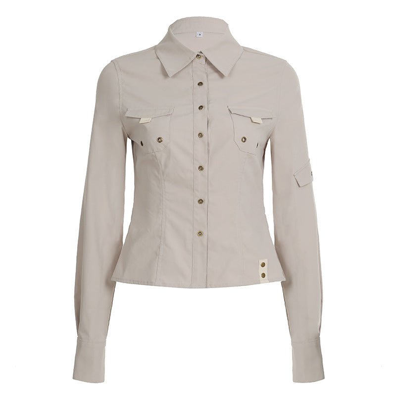 Autumn Pocket Stitching Breasted Collared Shirt Tooling Sexy Waist Controlled Slimming Long Sleeve Cardigan Top Women - Plush Fashion Hub
