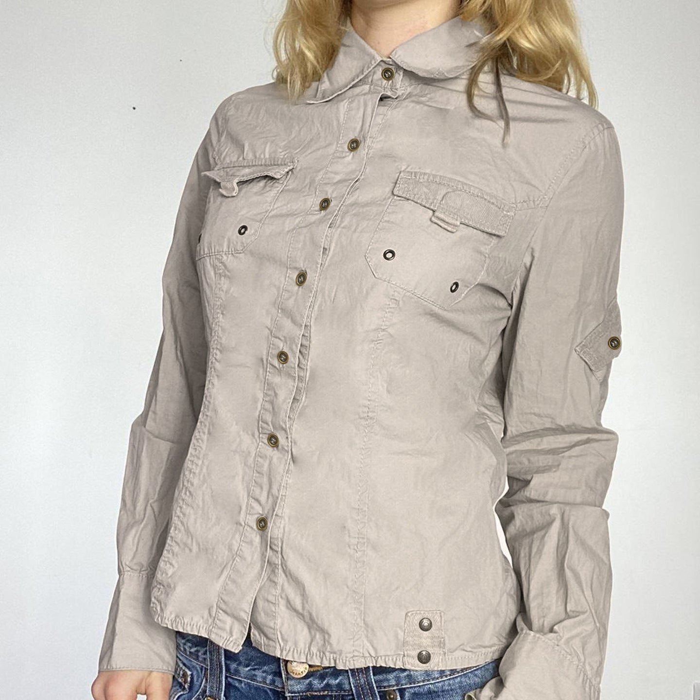 Autumn Pocket Stitching Breasted Collared Shirt Tooling Sexy Waist Controlled Slimming Long Sleeve Cardigan Top Women - Plush Fashion Hub