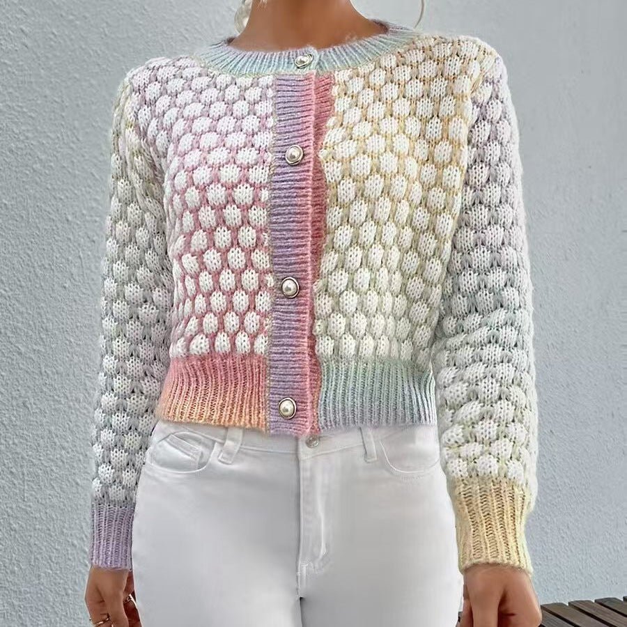 Autumn Winter Cardigan Rainbow Jacquard Short Sweater Girls Coat Single Side Buckle - Plush Fashion Hub
