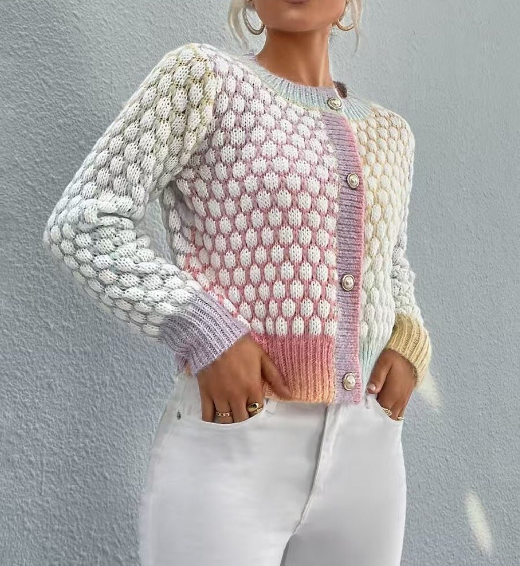 Autumn Winter Cardigan Rainbow Jacquard Short Sweater Girls Coat Single Side Buckle - Plush Fashion Hub